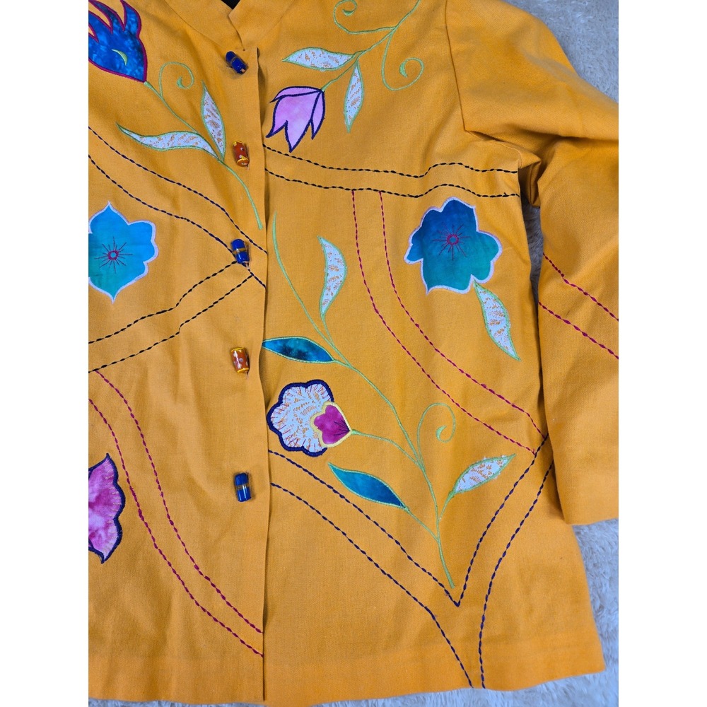 Julia Ku Womens Mustard Yellow Floral Embroidered Art to Wear Jacket Mandarin L - Picture 7 of 9